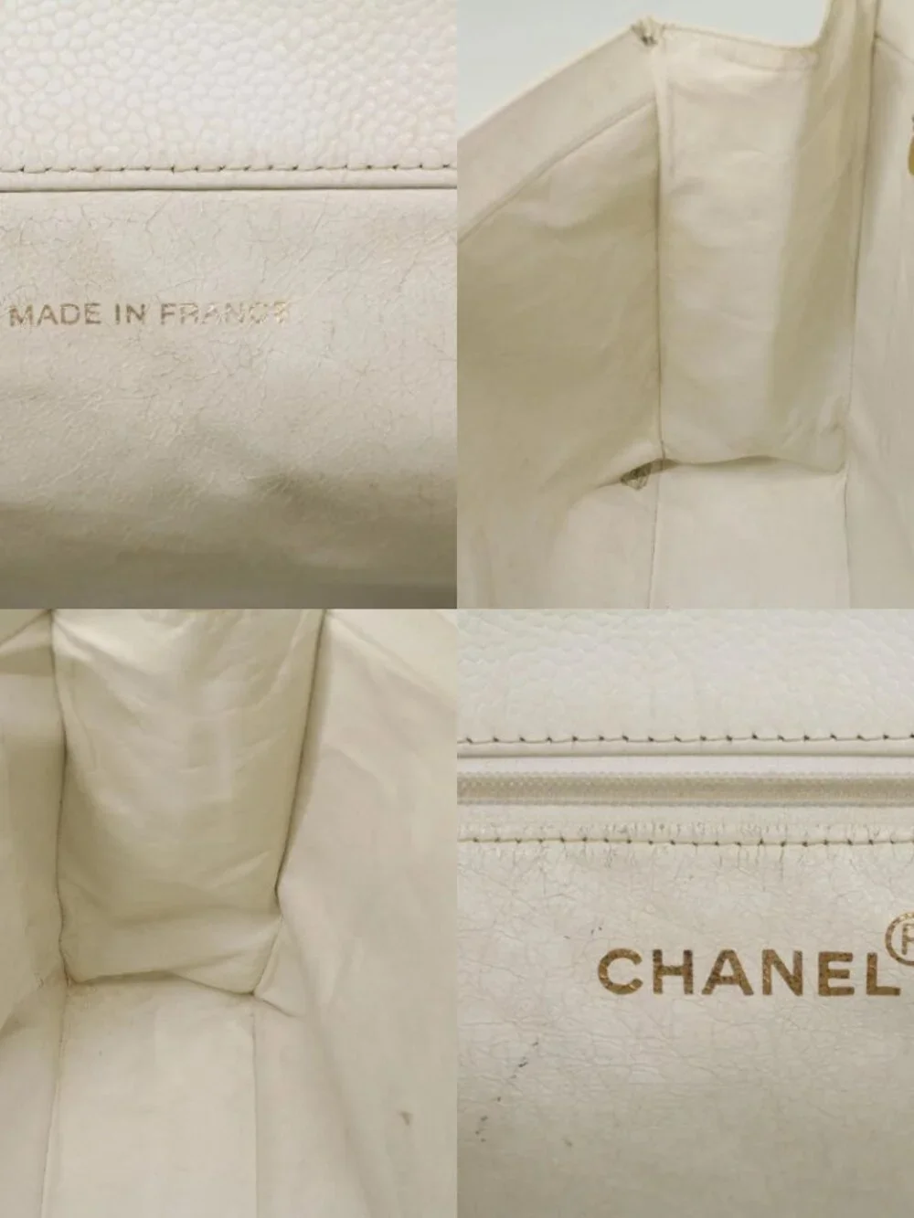 CHANEL Tote Bag Grained Calf Skin White CC Auth bs8320